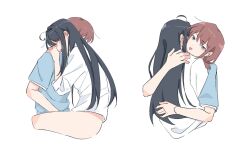 2girls ahoge awa_subaru black_hair blue_eyes blue_shirt blush bottomless brown_hair commentary ear_blush fingering girls_band_cry hashtag-only_commentary highres hug iseri_nina long_hair low_twintails multiple_girls shirt short_hair short_sleeves short_twintails sidelocks simple_background sleeves_past_elbows tongue tongue_out twintails white_background white_shirt xqii yuri