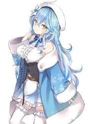 Rule 34 | 1girl, bare shoulders, beret, blue hair, blue jacket, breasts, closed mouth, elf, flower, hair between eyes, hair flower, hair ornament, hat, highres, hololive, jacket, long hair, looking at viewer, medium breasts, multicolored hair, pointy ears, simple background, smile, solo, standing, thighhighs, two-tone hair, virtual youtuber, white background, white flower, white hat, white thighhighs, yellow eyes, yukihana lamy, yukihana lamy (1st costume), yuuki hagure