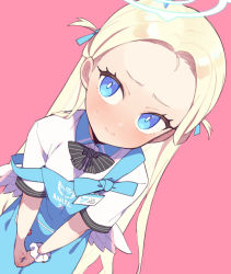 Rule 34 | 1girl, apron, blonde hair, blouse, blue archive, blue eyes, blush, bow, bowtie, forehead, halo, long hair, low wings, moyori, parted bangs, pink background, scrunchie, shirt, simple background, solo, sora (blue archive), strap slip, striped bow, striped bowtie, striped clothes, sweatdrop, white shirt, wings, wrist scrunchie