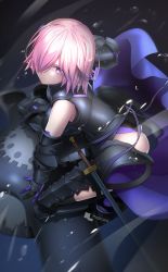 Rule 34 | 1girl, armor, armored dress, artist name, ass, black armor, black dress, black leotard, breasts, cape, closed mouth, dress, fate/grand order, fate (series), faulds, gauntlets, greaves, hair over one eye, highres, large breasts, leotard, light purple hair, looking at viewer, magicians (zhkahogigzkh), mash kyrielight, purple cape, purple eyes, shield, short hair, solo, sword, waist cape, weapon