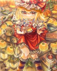 Rule 34 | 1girl, ascot, blonde hair, book, bow, candle, candy, commentary, crayon, cup, drawing, eating, flandre scarlet, food, frilled shirt collar, frilled skirt, frilled sleeves, frills, hair between eyes, hat, hat ribbon, highres, hisako (6anmbblfnjueeff), jack-o&#039;-lantern, komeiji koishi, lantern, leaf, lollipop, medium hair, mob cap, one side up, puffy short sleeves, puffy sleeves, red bow, red eyes, red ribbon, red skirt, red vest, remilia scarlet, ribbon, shirt, short sleeves, sidelocks, skirt, solo, stuffed animal, stuffed toy, swirl lollipop, tea, teacup, teapot, teddy bear, touhou, traditional media, vest, white shirt, wings, yellow ascot