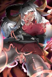 Rule 34 | 1girl, absurdres, animal ears, arknights, black coat, blush, breasts, carnelian (arknights), carnelian (hohenlohe chillysand) (arknights), censored, clitoral stimulation, coat, crying, crying with eyes open, from below, goat ears, goat girl, goat horns, highres, horns, large breasts, miniskirt, mosaic censoring, nipple stimulation, nipple tweak, nipples, official alternate costume, open clothes, open coat, open mouth, pantyhose, pleated skirt, pussy, red eyes, red skirt, red sweater, short hair, skirt, solo, spread pussy, sweater, tears, tekona0, tentacle sex, tentacles, thighband pantyhose, torn clothes, torn pantyhose, torn sweater, vaginal, white hair