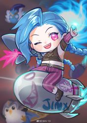 Rule 34 | 1girl, :d, absurdres, arcane: league of legends, arcane jinx, arm up, asymmetrical bangs, ball, belt, bird, blush, braid, brown belt, brown footwear, brown shirt, character name, chibi, detached sleeves, fang, glowing, han-10, highres, holding, holding ball, holding weapon, jinx (league of legends), league of legends, little legend, long hair, looking at viewer, navel, open mouth, pants, penguin, pink pants, riding rocket, rocket, shirt, smile, striped clothes, striped pants, teeth, twin braids, upper teeth only, weapon