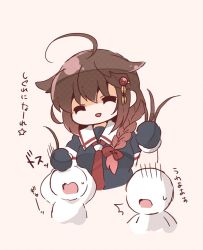 Rule 34 | 1girl, 2others, ahoge, black gloves, black serafuku, bloom2425, braid, brown hair, commentary request, closed eyes, gloves, grabbing another&#039;s hair, hair flaps, hair ornament, hair over shoulder, kantai collection, long hair, multiple others, neckerchief, red neckerchief, school uniform, serafuku, shigure (kancolle), shigure kai ni (kancolle), single braid, translated, upper body
