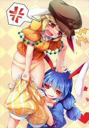 Rule 34 | 2girls, :3, absurdres, anger vein, angry, animal ears, argyle, argyle background, argyle clothes, assisted exposure, blonde hair, blue dress, blue hair, blush, blush stickers, breasts, brown hat, chima q, clothes pull, collarbone, commentary request, cowboy shot, dress, embarrassed, female pervert, flat cap, floppy ears, grabbing another&#039;s hair, hand on another&#039;s head, hat, head grab, heart, highres, humiliation, jitome, leaning forward, legs apart, long hair, looking at another, looking at viewer, looking down, low twintails, medium breasts, multiple girls, open mouth, orange shirt, page number, panties, pants, pants pull, pantsing, pervert, polka dot, polka dot background, puffy sleeves, pulled by self, pulling another&#039;s clothes, rabbit ears, red eyes, ringo (touhou), scan, seiran (touhou), shirt, short hair, short sleeves, shorts, shorts pull, smirk, speech bubble, spoken anger vein, standing, star (symbol), striped clothes, striped shorts, touhou, trembling, twintails, two-tone background, underwear, undressing, upper body, vertical-striped clothes, vertical-striped shorts, wavy mouth, yellow panties, yellow pants, yuri
