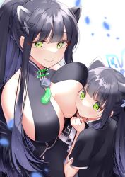 Rule 34 | 2girls, animal ears, black dress, black hair, blue archive, breasts, china dress, chinese clothes, dress, dual persona, face to breasts, feather boa, green eyes, hair ornament, hairclip, hamazi aki, large breasts, long hair, looking at viewer, multiple girls, ponytail, shun (blue archive), shun (small) (blue archive), sidelocks, smile, tassel, tiger ears, two side up