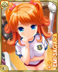 Rule 34 | 1girl, arm under breasts, blouse, blue eyes, book, breasts, buruma, card, character name, closed mouth, desk, girlfriend (kari), gym, hair ornament, hand up, indoors, japanese text, large breasts, medium hair, official art, orange hair, qp:flapper, red buruma, red ribbon, ribbon, sagara emi, scale, shirt, solo, standing, tagme, twintails, white shirt, wooden floor, worried