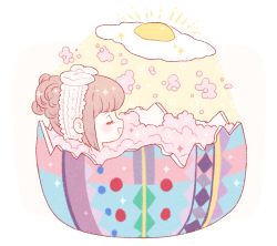 Rule 34 | 1girl, bath, bathing, blush, broken egg, brown hair, bubble bath, closed eyes, easter, easter egg, egg, egg (food), egg yolk, eggshell, eleanor (ohmyeleanor), floating, floating object, food, kyary pamyu pamyu, open mouth, partially submerged, ponponpon, profile, sidelocks, smile, soap bubbles, solo, sparkle, sunny side up egg, white background, yume kawaii