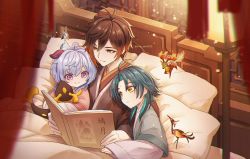 Rule 34 | 1girl, 2boys, aged down, ahoge, animal, bed, bird, black hair, blanket, blue hair, blurry, blurry foreground, book, brown hair, child, chinese clothes, closed mouth, cloud retainer (genshin impact), commentary, crane (animal), curtains, deer, diamond-shaped pupils, diamond (shape), english commentary, eyeliner, facial mark, father&#039;s day, forehead mark, ganyu (genshin impact), genshin impact, goat horns, gradient hair, green hair, hair between eyes, highres, holding, holding book, horns, light particles, long hair, long sleeves, makeup, moon carver (genshin impact), mountain shaper (genshin impact), multicolored hair, multiple boys, open book, open mouth, orange hair, parted bangs, pillow, purple eyes, rex lapis (genshin impact), short hair with long locks, slit pupils, smile, stuffed animal, stuffed toy, symbol-shaped pupils, translation request, twitter username, two-tone hair, wide sleeves, xianyun (genshin impact), xiao (genshin impact), yellow eyes, yue yue1102, zhongli (genshin impact)