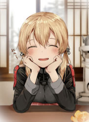 Rule 34 | 1girl, anchor hair ornament, blonde hair, blurry, blush, breasts, closed eyes, commentary request, depth of field, facing viewer, food, fruit, hair ornament, hands on own cheeks, hands on own face, hat, head rest, heater, highres, ibuki (abuki), indoors, kantai collection, kotatsu, long sleeves, low twintails, mandarin orange, military, military uniform, open mouth, prinz eugen (kancolle), smile, solo, table, twintails, uniform, upper body, window