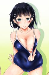 Rule 34 | 10s, 1girl, aqua eyes, areola slip, bad id, bad pixiv id, bare shoulders, black eyes, black hair, blue eyes, blue one-piece swimsuit, blunt bangs, blush, bob cut, breasts, bust cup, cameltoe, cleavage, clothes pull, competition school swimsuit, cowboy shot, from above, gradient background, green background, hair ornament, hairclip, half-closed eyes, kirigaya suguha, large breasts, looking at viewer, naraku (t8kk), nipples, one-piece swimsuit, one-piece swimsuit pull, pulled by self, school swimsuit, short hair, sitting, smile, solo, swimsuit, sword art online, wet, wet hair, white background, wide hips