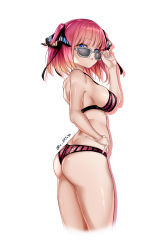 Rule 34 | 1girl, absurdres, arm up, ass, back, bikini, black ribbon, blue eyes, blue nails, blunt bangs, breasts, butterfly hair ornament, from side, go-toubun no hanayome, hair ornament, hand on own hip, highres, large breasts, looking at viewer, multicolored nails, nail polish, nakano nino, parted lips, pink hair, pink nails, raised eyebrows, ribbon, shiny skin, sideboob, simple background, skindentation, striped bikini, striped clothes, sunglasses, swimsuit, thick thighs, thighs, twintails, vertical-striped bikini, vertical-striped clothes, white background, zasshu