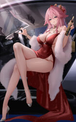 Rule 34 | 1girl, :q, absurdres, alternate costume, animal ears, anklet, bangle, bare legs, bare shoulders, blush, bottle, bracelet, breasts, building, car, car interior, cleavage, congqian you ke xing, crossed bangs, crossed legs, dress, evening gown, feather boa, floppy ears, fox ears, full body, genshin impact, hair between eyes, hair ornament, high heels, highres, holding, holding bottle, jewelry, large breasts, long hair, low neckline, motor vehicle, nail polish, necklace, night, paid reward available, panties, panty straps, pink hair, pumps, purple eyes, red dress, red footwear, red nails, red panties, shoes, sideboob, sidelocks, silver footwear, sitting, sleeveless, sleeveless dress, smile, solo, sparkle, stiletto heels, string panties, thighs, tongue, tongue out, underwear, yae miko