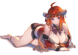 Rule 34 | 1girl, absurdres, ahoge, ass, barefoot, black bra, black nails, blunt bangs, bra, breasts, butt crack, cleavage, closed mouth, detached collar, flower, full body, gougasha akira, hair flower, hair ornament, highres, horns, large breasts, lips, long hair, looking at viewer, mole, mole on breast, nail polish, o-ring, o-ring top, off shoulder, orange hair, original, purple hair, shorts, simple background, smile, solo, string bra, toes, tsubaki kureha, underwear, virtual youtuber, white background