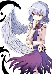 Rule 34 | 1girl, absurdres, bow, bowtie, cowboy shot, feathered wings, feet out of frame, hair between eyes, hand on own chin, highres, jacket, kishin sagume, mimottei, open clothes, open jacket, red bow, red bowtie, silver hair, simple background, single wing, solo, standing, thinking, touhou, white background, white wings, wings