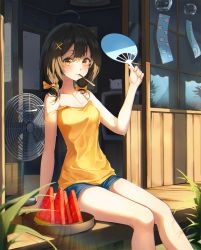 Rule 34 | 1girl, 2gong (9ujin ), ahoge, bare arms, bare shoulders, black hair, blue shorts, bow, breasts, brown eyes, camisole, day, electric fan, food, hair bow, hair ornament, hand fan, holding, hot, long hair, looking at viewer, medium breasts, mouth hold, original, popsicle, shirt, short shorts, shorts, sitting, sleeveless, sleeveless shirt, solo, spaghetti strap, strap slip, summer, sunlight, sweat, thighs, veranda, watermelon, watermelon bar, watermelon slice, wind chime, x hair ornament, yellow shirt