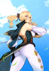 Rule 34 | 1girl, ass, back, bare shoulders, blonde hair, blue capelet, blue eyes, blue sky, bow, capelet, cloud, coattails, cross, cross earrings, earrings, from below, genshin impact, hair bow, high ponytail, highres, holding, holding sword, holding weapon, jean (genshin impact), jewelry, kukumomo, looking to the side, multicolored capelet, pants, parted lips, ponytail, sky, sword, thighs, tight clothes, tight pants, weapon, white pants