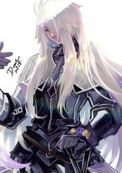 Rule 34 | 1boy, armor, black armor, cross, dark kun, fate/requiem, fate (series), galahad (fate), gloves, hair over one eye, highres, long hair, male focus, signature, simple background, solo, white background, yellow eyes