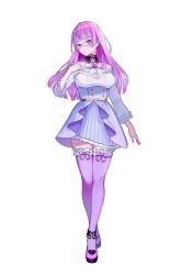 Rule 34 | 1girl, blue hair, bow, breasts, cleavage, cleavage cutout, clothing cutout, crossed legs, ear piercing, head tilt, high-waist skirt, highres, indie virtual youtuber, looking at viewer, mamiya kyuu, multicolored hair, official art, open hand, piercing, pink hair, purple bow, purple eyes, purple skirt, second-party source, skirt, solo, streaked hair, thighhighs, tsukura sae, virtual youtuber, white background, white bow