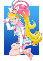 Rule 34 | 1girl, absurdres, barefoot, blonde hair, cure summer, feet, gradient hair, green eyes, highres, long hair, looking at viewer, multicolored hair, natsuumi manatsu, one eye closed, precure, side ponytail, smile, soles, toes, tropical-rouge! precure, two-tone hair, v, wink