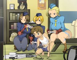 Rule 34 | 1990s (style), 1boy, 3girls, age difference, ahoge, ass, barefoot, beret, blonde hair, blue eyes, bookshelf, boots, braid, breasts, brown eyes, brown hair, cammy white, camouflage, capcom, console, controller, elbow gloves, fingerless gloves, game console, game controller, gamepad, garrison cap, gloves, hair bun, hat, hip focus, huge breasts, impossible clothes, impossible leotard, indoors, juli (street fighter), juni (street fighter), kasugano tsukushi, knee boots, kneeling, knees, large breasts, legs, leotard, long hair, military, military uniform, multiple girls, name john, necktie, orange eyes, orange hair, pantyhose, playing games, retro artstyle, ribbed leotard, room, scar, sega saturn, shadaloo dolls, short hair, shorts, shoulder pads, single hair bun, sitting, skin tight, smile, squatting, street fighter, street fighter ii (series), street fighter zero (series), sweat, sweatdrop, tank top, tatami, thigh gap, thong leotard, twin braids, uniform, unitard, wall, wariza, wide hips