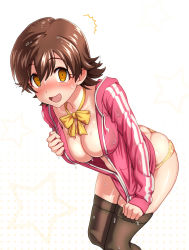 Rule 34 | ^^^, ass, bent over, blush, breasts, brown hair, butt crack, cleavage, highres, honda mio, hood, hoodie, hoodie tug, idolmaster, idolmaster cinderella girls, kezune (i- -i), legs together, looking at viewer, no bra, no pants, open mouth, panties, pink hoodie, polka dot, polka dot background, ribbon, short hair, simple background, solo, sweat, nervous sweating, thighhighs, thighs, underwear, unzipped, white background, wide-eyed, yellow eyes, yellow panties, yellow ribbon