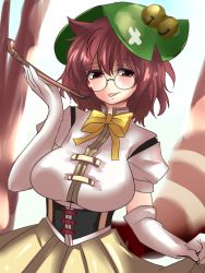 Rule 34 | 1girl, absurdres, bell, bow, breasts, brown eyes, brown hair, corset, cosplay, elbow gloves, futatsuiwa mamizou, glasses, gloves, hair bell, hair ornament, highres, kiseru, large breasts, leaf, leaf on head, mahou shoujo madoka magica, mahou shoujo madoka magica (anime), name connection, object on head, raccoon tail, round eyewear, short hair, skirt, smoking pipe, solo, tail, tomoe mami, tomoe mami (cosplay), touhou, white gloves, yagami (mukage)
