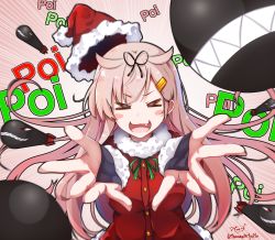 Rule 34 | &gt; &lt;, 1girl, artist name, baileys (tranquillity650), black gloves, black ribbon, blonde hair, blush stickers, buttons, christmas, emphasis lines, fang, fingerless gloves, gloves, hair flaps, hair ornament, hair ribbon, hairclip, hat, highres, kantai collection, long hair, open mouth, poi, ribbon, santa costume, santa hat, signature, smile, solo, torpedo, twitter username, upper body, yuudachi (kancolle), yuudachi kai ni (kancolle)
