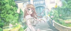 Rule 34 | 1girl, blonde hair, braid, dress, floral print, flower, green eyes, hair flower, hair ornament, highres, jinguji misaki, looking at viewer, non-web source, official art, open mouth, outdoors, puraore! pride of orange, see-through, see-through dress, smile, solo, sparkle, stairs, standing, tree