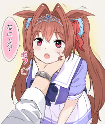 Rule 34 | 1girl, animal ears, blouse, blue bow, blue shirt, bow, brown hair, daiwa scarlet (umamusume), fang, hair bow, long hair, open mouth, pov, purple shirt, red bow, red eyes, sailor collar, shibasaki shouji, shirt, short sleeves, sidelocks, skin fang, skirt, sound effects, tiara, translated, twintails, umamusume, white sailor collar, white shirt, white skirt