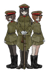 Rule 34 | 3girls, absurdres, alternate costume, annotated, belt, black belt, black footwear, black hair, black pantyhose, blunt bangs, boots, brown eyes, brown hair, closed mouth, combat boots, commentary, frown, girls und panzer, gloves, green headwear, green jacket, green pants, green skirt, hat, highres, holding, holding sword, holding weapon, imperial japanese army, jacket, katana, long hair, long sleeves, looking at viewer, looking to the side, military, military hat, military uniform, miniskirt, mother and daughter, multiple girls, nishizumi maho, nishizumi miho, nishizumi shiho, own hands together, pants, pantyhose, peaked cap, pleated skirt, ri (qrcode), sheath, sheathed, short hair, siblings, side-by-side, simple background, sisters, skirt, standing, star (symbol), straight hair, sword, translated, uniform, weapon, white background, white gloves