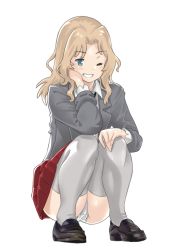 Rule 34 | 1girl, alternate footwear, black footwear, black neckwear, blazer, blonde hair, blouse, blue eyes, blush stickers, collared shirt, commentary, full body, girls und panzer, grey jacket, grin, hair intakes, hand in own hair, hand on own knee, highres, jacket, kay (girls und panzer), lace, lace-trimmed panties, lace trim, legs, loafers, long hair, long sleeves, looking at viewer, miniskirt, one eye closed, open clothes, open jacket, panties, pantyshot, pleated skirt, red skirt, saunders school uniform, school uniform, shirt, shoes, simple background, skirt, sleeves rolled up, smile, solo, squatting, thighhighs, underwear, white background, white panties, white shirt, white thighhighs, yamano rita
