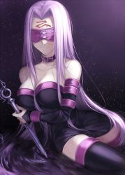 Rule 34 | 1girl, bare shoulders, black dress, black thighhighs, blindfold, breast hold, breasts, cleavage, collar, collarbone, detached sleeves, dress, facial mark, fate/stay night, fate (series), forehead mark, hair intakes, large breasts, long hair, looking at viewer, medusa (fate), medusa (rider) (fate), nail, purple hair, short dress, smile, solo, strapless, strapless dress, thighhighs, very long hair, wowishi