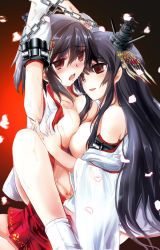 Rule 34 | 10s, 2girls, bare shoulders, bdsm, black hair, blush, bondage, bound, breasts, chain, crying, crying with eyes open, detached sleeves, empty eyes, fusou (kancolle), hair ornament, headgear, japanese clothes, kantai collection, kimura shuuichi, large breasts, long hair, multiple girls, nontraditional miko, red eyes, saliva, saliva trail, short hair, skirt, tears, yamashiro (kancolle), yuri
