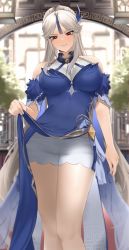 Rule 34 | 1girl, absurdres, blonde hair, blue dress, breasts, brown eyes, commentary request, dress, eyelashes, formal, genshin impact, hair ornament, highres, large breasts, long hair, looking at viewer, ningguang (genshin impact), ningguang (orchid&#039;s evening gown) (genshin impact), nvl, solo, thighs