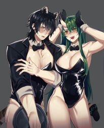 Rule 34 | 1boy, 1girl, :d, absurdres, animal ears, arknights, bare arms, bare shoulders, black hair, black jacket, black leotard, broca (arknights), cat ears, commentary request, covering chest, covering privates, cowboy shot, green hair, grey background, groin, highres, horns, hoshiguma (arknights), jacket, kikan (kikanoe), leotard, long hair, long sleeves, looking at viewer, open clothes, open jacket, open mouth, short hair, simple background, single horn, smile, standing, strapless, strapless leotard, thighs, very long hair, yellow eyes