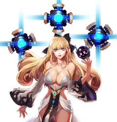 Rule 34 | 1girl, blonde hair, blue eyes, breasts, commission, detached sleeves, dress, dungeon and fighter, female gunner (dungeon and fighter), female mechanic (dungeon and fighter), highres, jewelry, large breasts, long hair, panties, revealing clothes, robot, smile, solo, underwear, wide sleeves