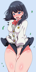 Rule 34 | 10s, black hair, black skirt, blue eyes, blush, bow, cardigan, clothes lift, covering crotch, covering privates, gridman universe, highres, hip focus, kani club, leaf, long hair, long sleeves, microskirt, no panties, nose blush, open mouth, red bow, school uniform, shirt, skirt, skirt lift, skirt tug, solo, ssss.gridman, sweatdrop, sweater, takarada rikka, thick thighs, thighs, white shirt, white sweater, wide hips, wind, wind lift