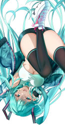 Rule 34 | 1girl, :d, absurdres, aqua eyes, aqua hair, arm up, armpits, black shorts, black thighhighs, blue necktie, breasts, cleavage, collared shirt, crop top, hana hebi, hand on own face, hatsune miku, highres, jacket, large breasts, legs, long hair, looking at viewer, nail polish, necktie, open clothes, open jacket, open mouth, shirt, shoes, short shorts, shorts, sleeveless, sleeveless shirt, smile, sneakers, solo, thighhighs, thighs, twintails, underboob, upside-down, very long hair, vocaloid, white background, white shirt