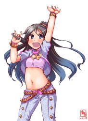 Rule 34 | 1girl, artist logo, belt, black hair, blue eyes, bracelet, breasts, commentary request, cosplay, crossed belts, dated, earrings, fang, ganaha hibiki, ganaha hibiki (cosplay), gold trim, hair ribbon, highres, idolmaster, idolmaster (classic), idolmaster million live!, idolmaster million live! theater days, jacket, jewelry, kanon (kurogane knights), kantai collection, katsuragi (kancolle), long hair, look-alike, looking at viewer, microphone, midriff, million dreams (idolmaster), multiple belts, navel, open mouth, pastel colors, pendant, pink belt, pink bracelet, ponytail, ribbon, simple background, skin fang, small breasts, solo, studded belt, studded bracelet, white background