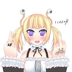 Rule 34 | 1girl, blonde hair, fang, flying spaghetti monster, jewelry, looking at viewer, middle finger, no nose, personification, purple eyes, ring, ringed eyes, s ibane, short twintails, simple background, solo, tattoo, twintails, white background