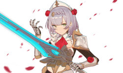 Rule 34 | 1girl, absurdres, armor, ascot, braid, breastplate, breasts, cleavage, closed mouth, detached collar, eyelashes, flower, gauntlets, genshin impact, green eyes, grey hair, highres, holding, holding sword, holding weapon, medium breasts, medium hair, noelle (genshin impact), pink lips, qingli green, red ascot, red flower, red rose, rose, shoulder armor, simple background, solo, sword, tiara, weapon, white background