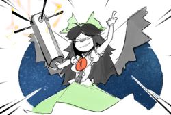 1girl bad_id bad_tumblr_id black_hair blouse bow cape dress electricity female_focus grin long_hair reiuji_utsuho shirt smile solo temmie_chang touhou white_shirt wings