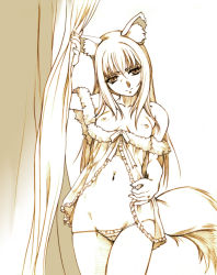 Rule 34 | 00s, 1girl, animal ears, babydoll, breasts, hisahiko, holo, lingerie, long hair, lowleg, lowleg panties, monochrome, nipples, panties, small breasts, solo, spice and wolf, tail, underwear, wolf ears, wolf tail