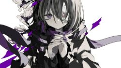 Rule 34 | 1girl, black nails, character request, closed mouth, commentary request, gauze over eye, grey hair, hair between eyes, hands up, hen10, interlocked fingers, looking at viewer, nail polish, own hands together, purple eyes, purple scarf, scarf, simple background, solo, upper body, utau, white background
