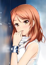 Rule 34 | 1girl, against wall, blush, bracelet, brown eyes, commentary request, diesel-turbo, dress, from side, hand on own face, hand up, houjou karen, idolmaster, idolmaster cinderella girls, jewelry, long hair, looking at viewer, looking to the side, orange hair, parted lips, photo-referenced, pink lips, pom pom (clothes), reflection, sleeveless, sleeveless dress, sleeveless turtleneck, solo, swept bangs, turtleneck, turtleneck dress, upper body, white dress