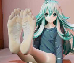 Rule 34 | absurdres, barefoot, date a live, foot tease, green hair, happy, highres, leaning forward, leg lift, natsumi (date a live), sitting, smile, spread legs