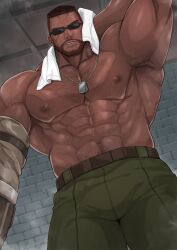 Rule 34 | abs, absurdres, bara, barret wallace, beard, facial hair, final fantasy, final fantasy vii, final fantasy vii remake, hairy, harada (basashi), highres, large pectorals, male focus, muscular, muscular male, non-web source, pectorals, sunglasses, thick thighs, thighs, topless male, towel, towel around neck