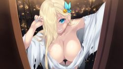 Rule 34 | 1girl, aqua nails, blonde hair, blue eyes, boku wa tomodachi ga sukunai, breasts, butterfly hair ornament, cait aron, cleavage, clenched teeth, collarbone, commentary request, fingernails, ghost costume, hair ornament, hair over one eye, halloween, highres, jack-o&#039;-lantern, jack-o&#039;-lantern hair ornament, kashiwazaki sena, large breasts, long hair, nail polish, smile, solo, teeth, torn clothes