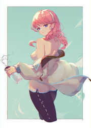Rule 34 | 1girl, absurdres, arknights, bare shoulders, black pants, blue eyes, blue poison (arknights), blue poison (shoal beat) (arknights), breasts, camisole, commentary request, cropped legs, earrings, female focus, from behind, grey jacket, hairband, highres, holding, jacket, jewelry, lance (lancelliu), leggings, long hair, long sleeves, looking at viewer, looking back, off shoulder, official alternate costume, pants, partial commentary, pink hair, short shorts, shorts, small breasts, solo, spaghetti strap, thighs